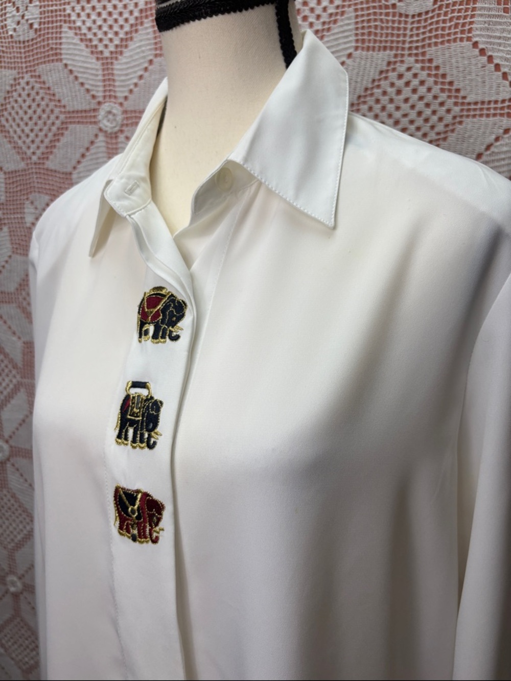 Vintage Italian Silk Blouse with Embroidered Elephant Accents - Picture 3 of 9